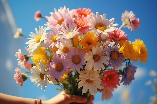 Vrouw met een boeket prachtige bloemen op een lichte achtergrond Voldoende ruimte voor tekst Ai