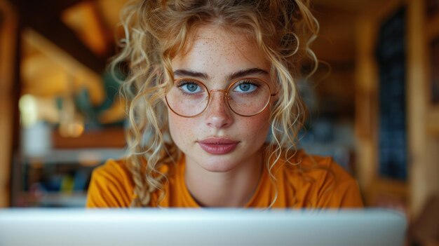 Foto vrouw met een bril die aan een laptop werkt