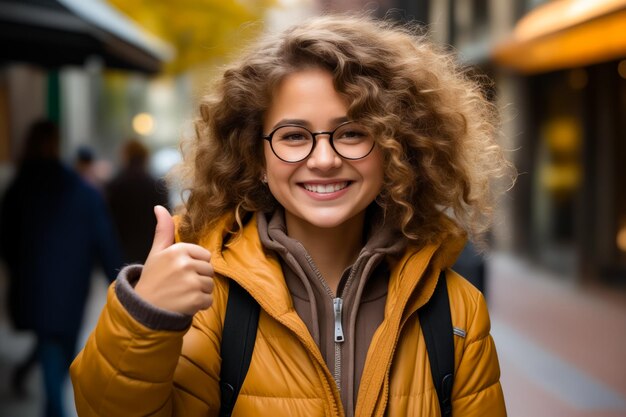 Vrouw met een bril die duimen omhoog geeft op straat Generatieve AI