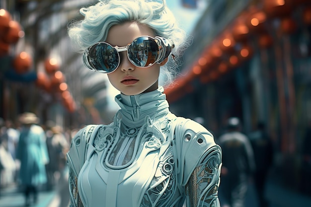 vrouw met een bril die op de achtergrond staat versierde futuristische stad in de stijl van de machine