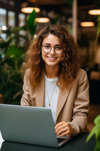 Vrouw met een bril glimlacht terwijl ze een laptop gebruikt