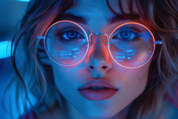 Vrouw met een bril met neonlichten op haar gezicht