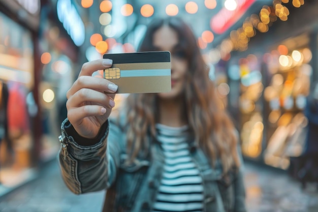 Foto vrouw met een creditcard in haar hand die gaat winkelen