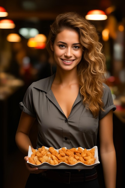 Vrouw met een dienblad met gebakken voedsel in haar handen Generatieve AI