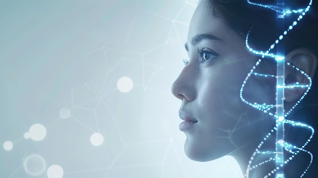 Vrouw met een digitale DNA-helix op haar profiel.