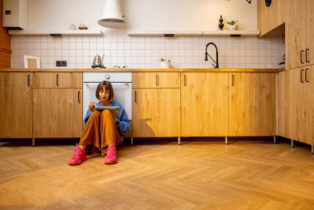 Foto vrouw met een digitale tablet zittend op een keukenvloer
