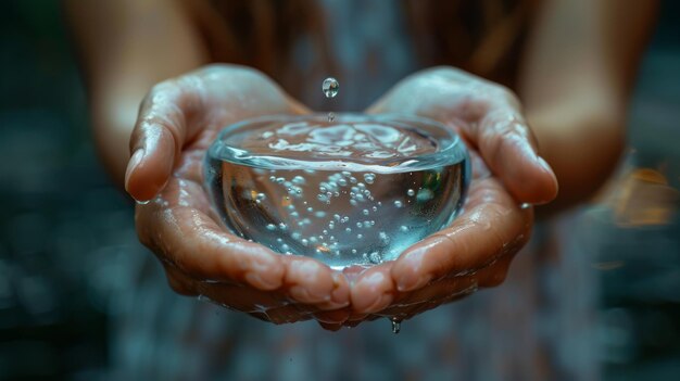 Foto vrouw met een druppel water in een glazen schaal die zuiverheid symboliseert
