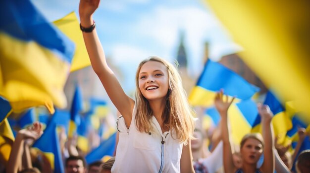 Foto vrouw met een gele en blauwe vlag van oekraïne in de open lucht onafhankelijkheidsdag vlagdag grondwet dag vrouw in traditionele borduurwerk met vlag van oecraïne