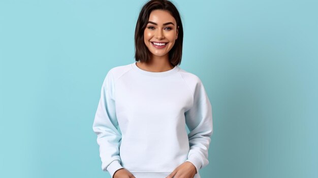 Vrouw met een gewone witte crewneck sweatshirt product mockup voor Etsy pastelblauwe achtergrond