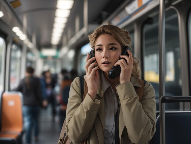 Vrouw met een gezichtsmasker die aan de telefoon praat terwijl ze met het openbaar vervoer reist