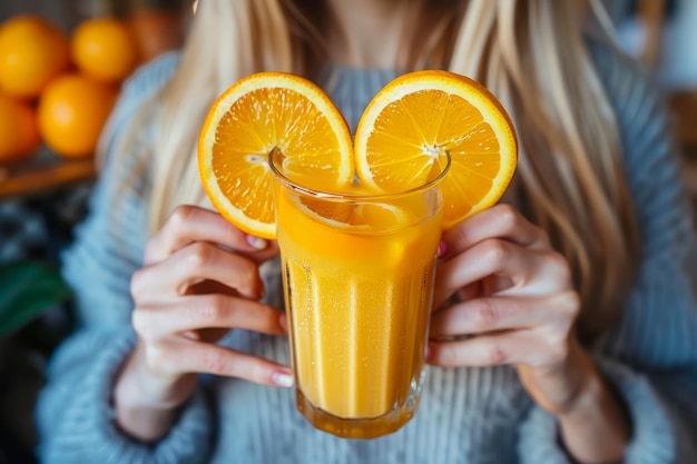 Foto vrouw met een glas vers sinaasappel sap met gesneden sinaasappels garnish gezonde levensstijl vitamine c