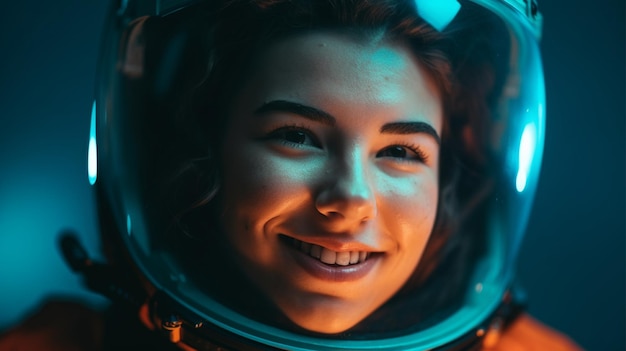 Vrouw met een glimlach in astronaut uniform.