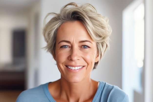 Vrouw met een glimlach op haar gezicht en blauw shirt Generatieve AI