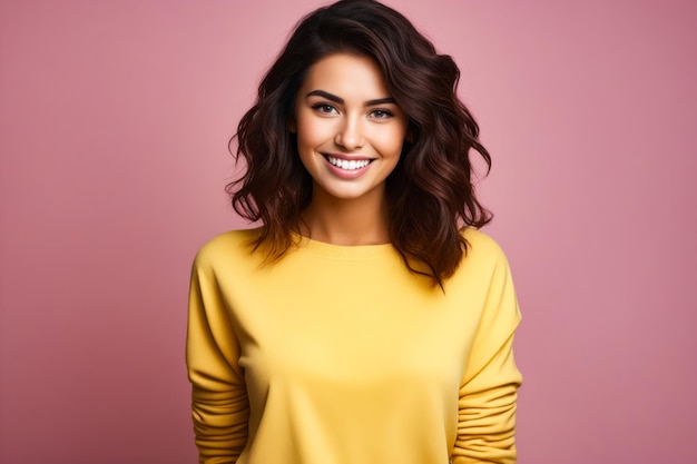 Vrouw met een glimlach op haar gezicht en gele trui Generatieve AI