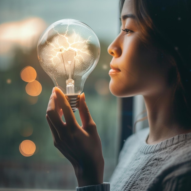 Vrouw met een gloeilamp met ingewikkelde lichtpatronen een metafoor voor een helder idee