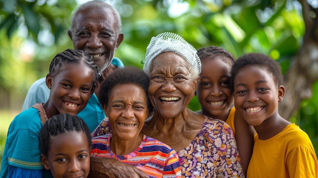 Vrouw met een groep kinderen en een oudere vrouw die glimlacht voor een foto