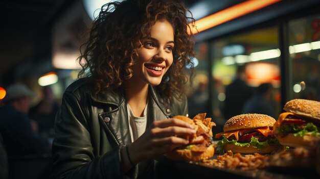 Foto vrouw met een hamburger.