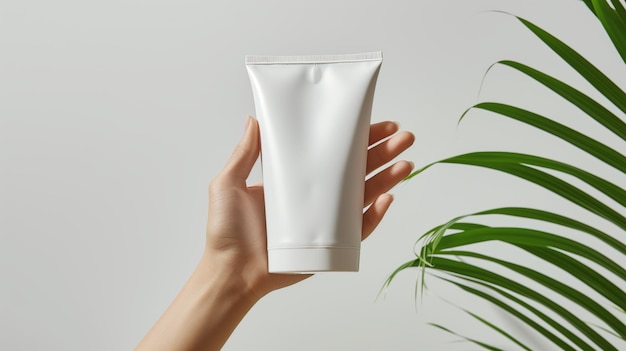 Vrouw met een hand die een witte buis houdt met cosmetische crème op xWitte achtergrond met groen bladcrème buis mockup huidverzorgingsconcept