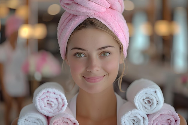 Foto vrouw met een handdoek om het hoofd gewikkeld