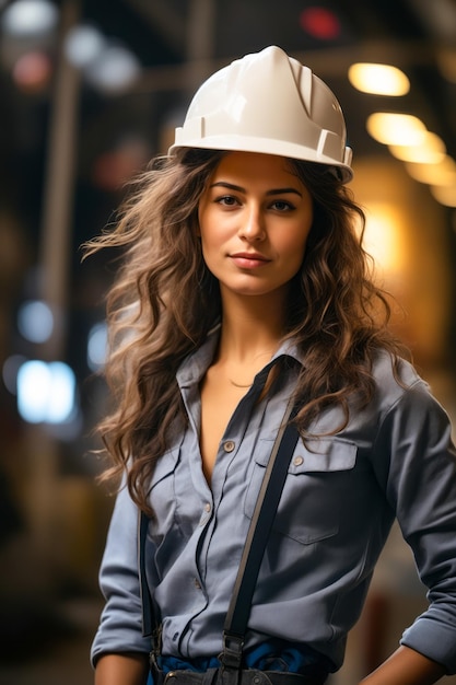 Vrouw met een harde hoed en blauw hemd poseert voor een foto Generatieve AI