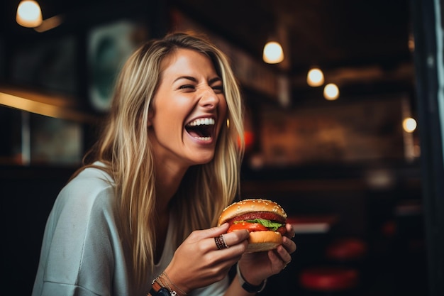 Vrouw met een heerlijke burger.