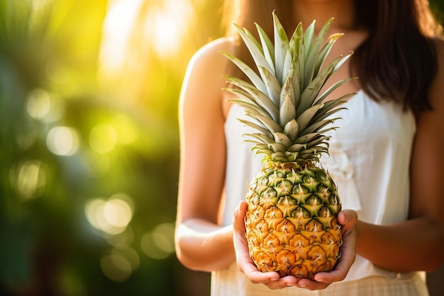 Vrouw met een hele ananas in een tropische omgeving