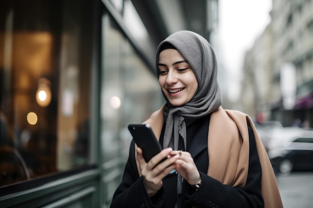 Foto vrouw met een hijab die een smartphone gebruikt in een stad