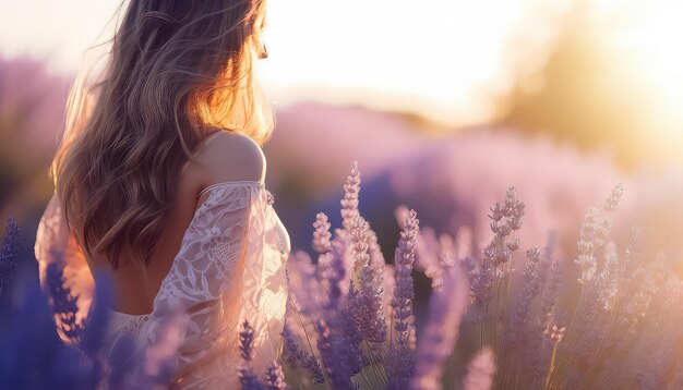 Vrouw met een hoed in een veld van lavendel lente concept