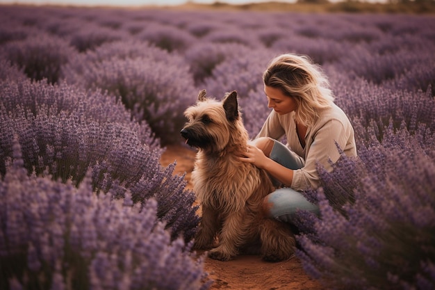 Vrouw met een hond die interactie heeft in een lavendelveld