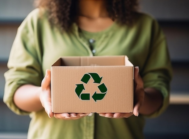 Foto vrouw met een kartonnen doos met een groen recyclingsymbool global warming planet pollution