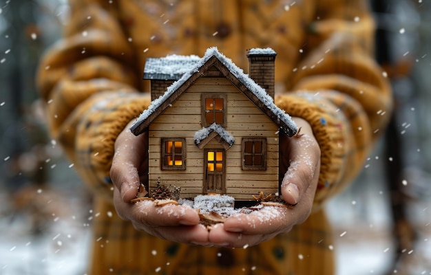 Vrouw met een klein houten huis in haar handen in de winter