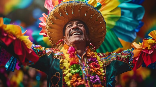 Foto vrouw met een kleurrijke hoofddoek en glimlachend naar de camera chico de mayo