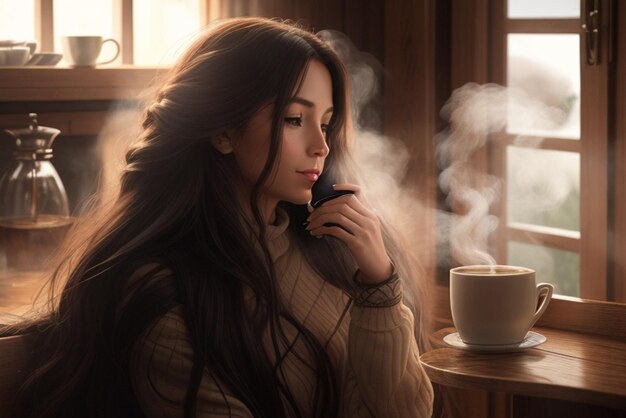 Foto vrouw met een kop koffie drink morgen een meisje in een gezellig huis drinkt een warm drankje