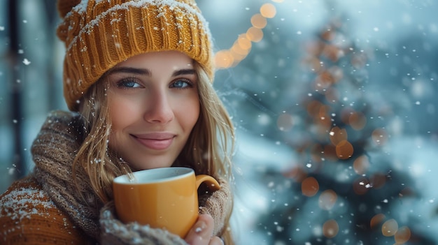Vrouw met een kop koffie in de sneeuw