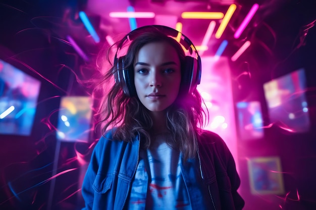 Vrouw met een koptelefoon in een kamer met neonverlichting Generatieve AI