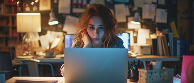 Vrouw met een laptop in het kantoor overweldigd door de hoeveelheid werk