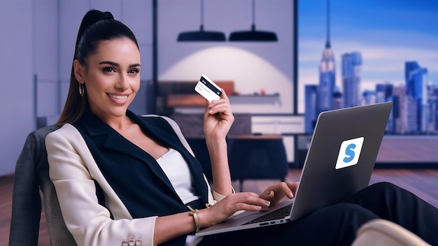 Vrouw met een laptop met een creditcard.
