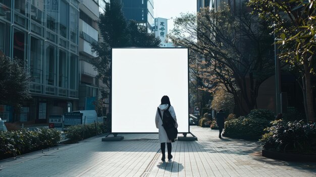 Vrouw met een leeg billboard in de stad Reclame mockup