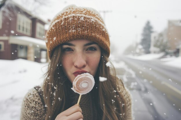 Foto vrouw met een pet, ijzige lolly, besneeuwde straat.