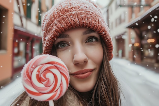 Vrouw met een pet, ijzige lolly, besneeuwde straat.