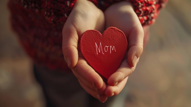 Foto vrouw met een rood hart met moeder erop.