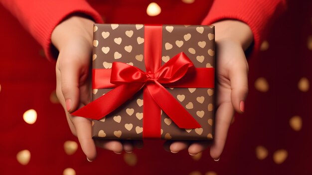 Vrouw met een rood lint om een cadeaupakket in haar handen richtte haar aandacht op de doos Generatieve AI