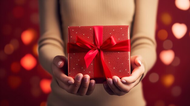 Vrouw met een rood lint om een cadeaupakket in haar handen richtte haar aandacht op de doos Generatieve AI