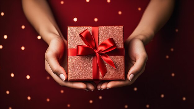 Vrouw met een rood lint om een cadeaupakket in haar handen richtte haar aandacht op de doos Generatieve AI