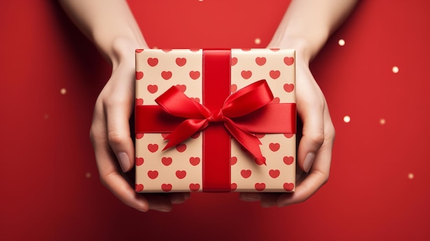 Vrouw met een rood lint om een cadeaupakket in haar handen richtte haar aandacht op de doos op een rode achtergrond Generatieve AI