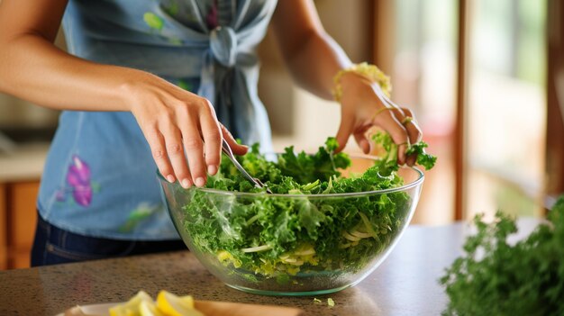 Vrouw met een schaal met gezonde groene spinadeblaadjes