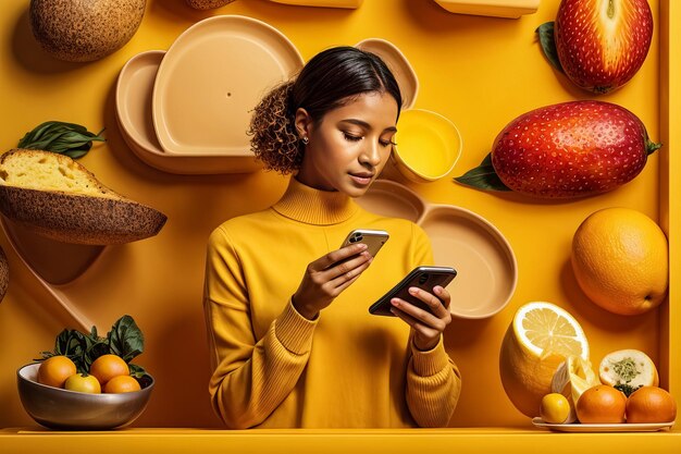 Foto vrouw met een slanke moderne telefoon in de hand die op een levendige gele achtergrond schrijft