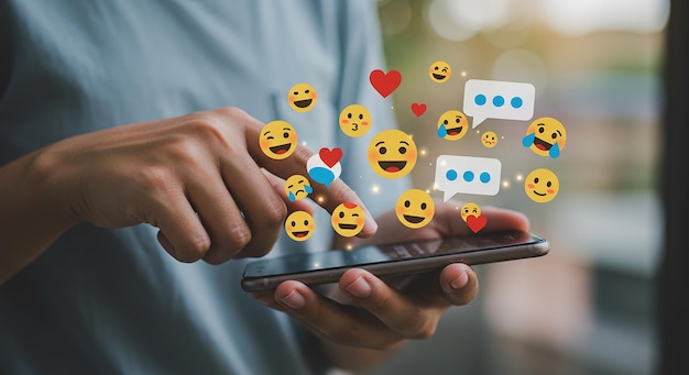 Vrouw met een smartphone met emoji's die online communicatie, sociale media en mobiele technologie symboliseren