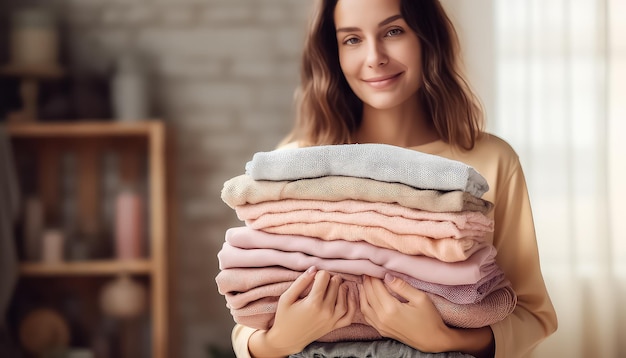 Vrouw met een stapel wol truien na het wassen