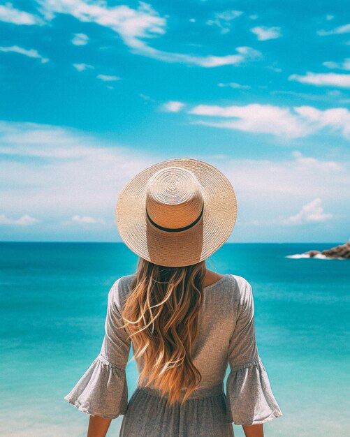 Vrouw met een strohoed staat op het strand